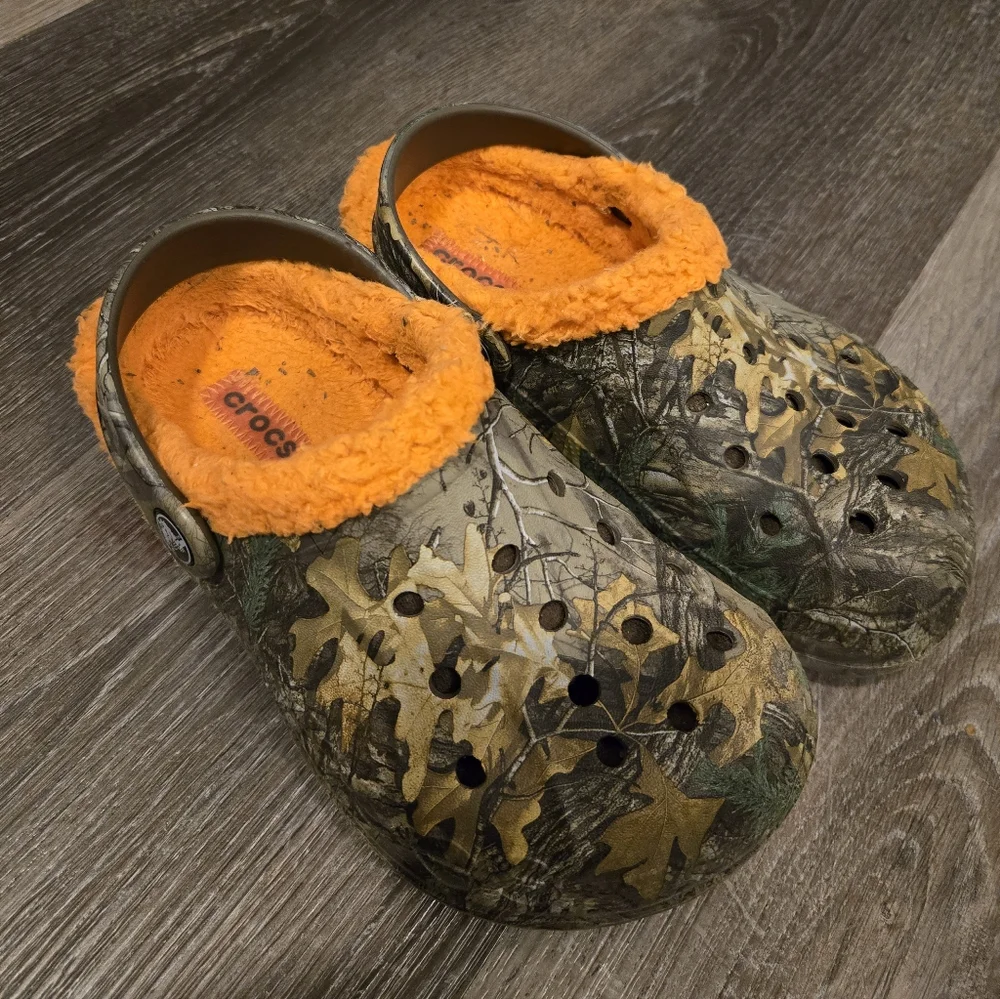 CROCS Kids Camouflage and Orange Slippers
